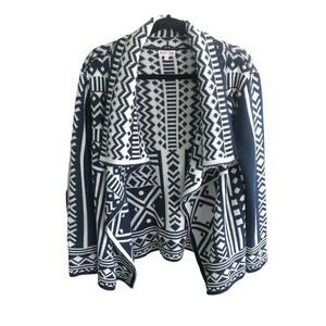 Woven Hearts Open Cardigan Sweater Navy Blue White Geometric Medium‎